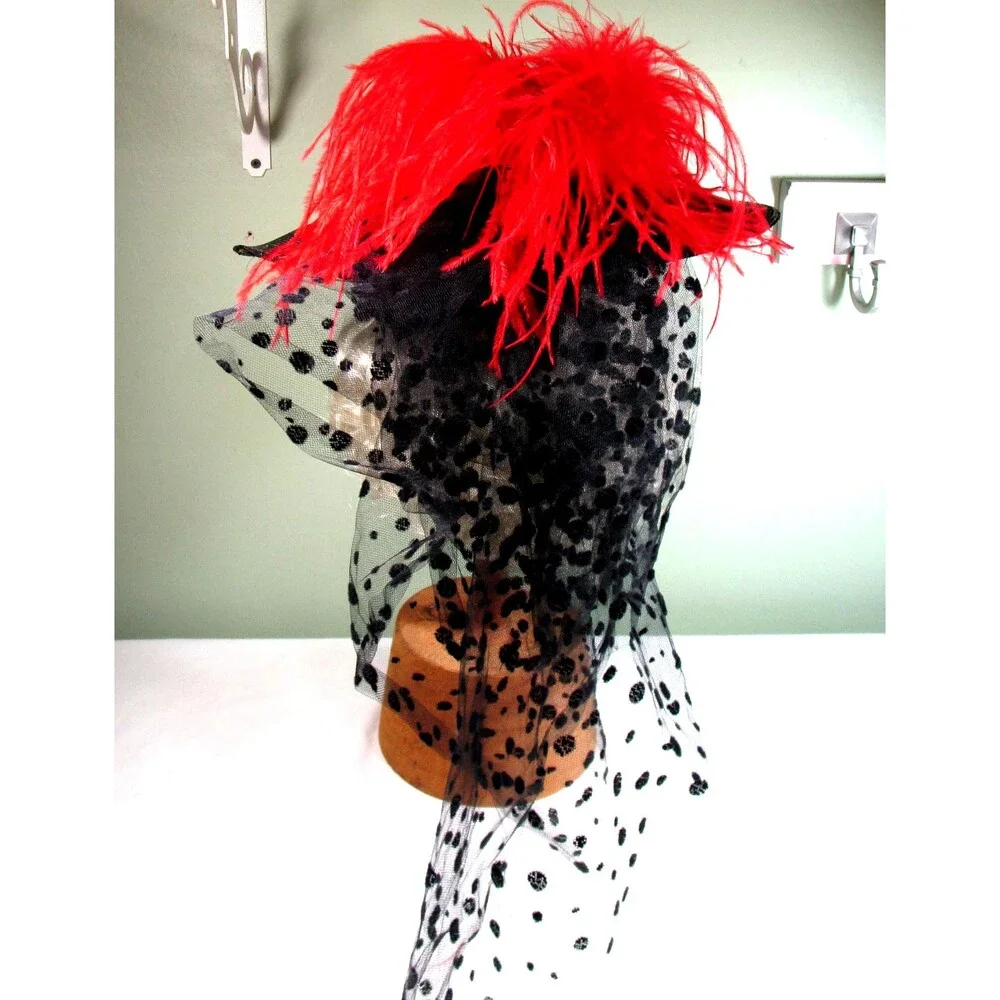 Vintage Wide Brim Hat Black Lace Ostrich Feathers Red Rose Embellishment